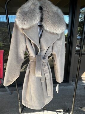Tahari "Fiona" Wool Blend Belted Wrap Coat with Detachable Faux Fur Collar (2X)